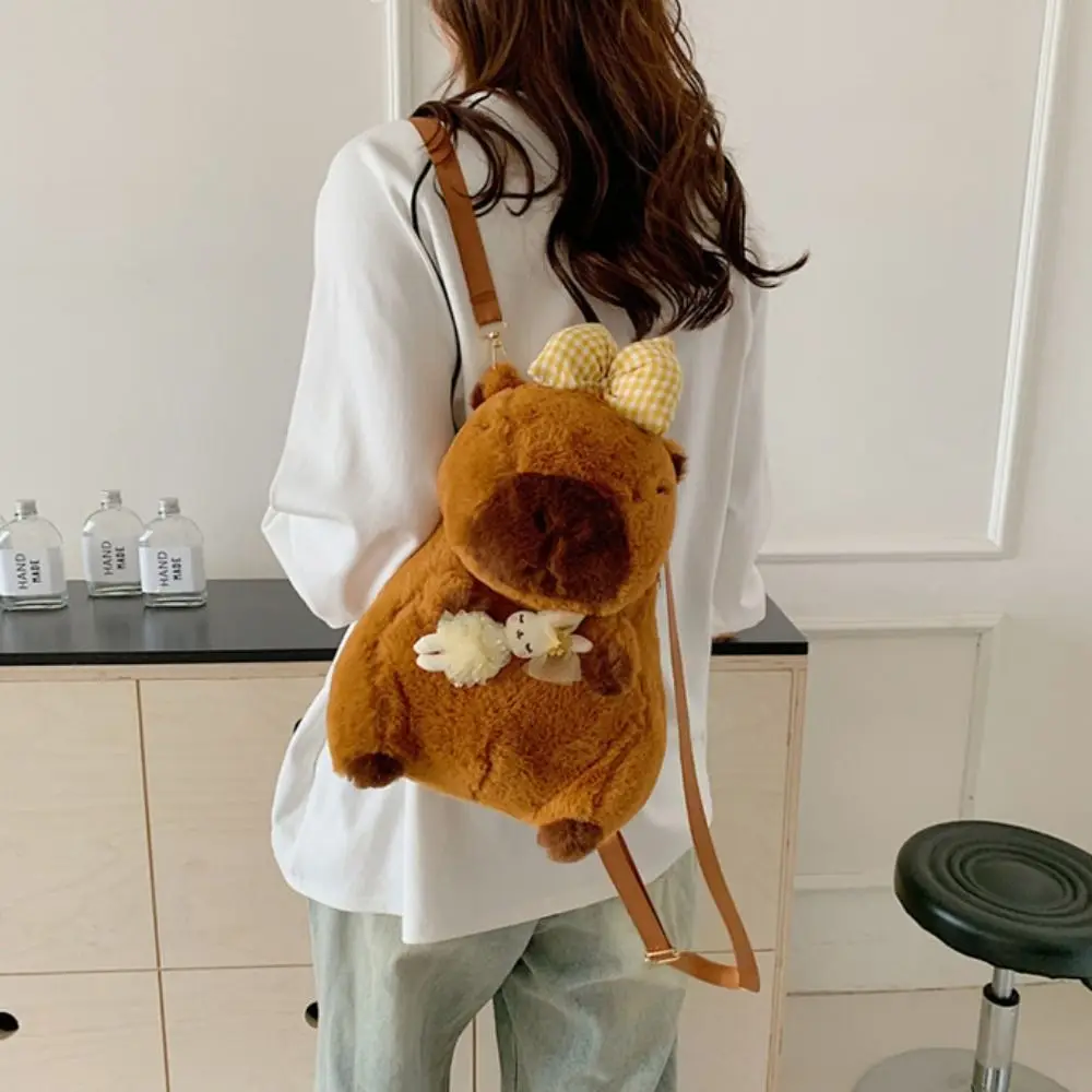 Sac à dos en peluche Lolita Capybara avec nœud papillon et fermeture éclair, sac à main en peluche, sac d'école initié, porte-monnaie, beurre d'animaux