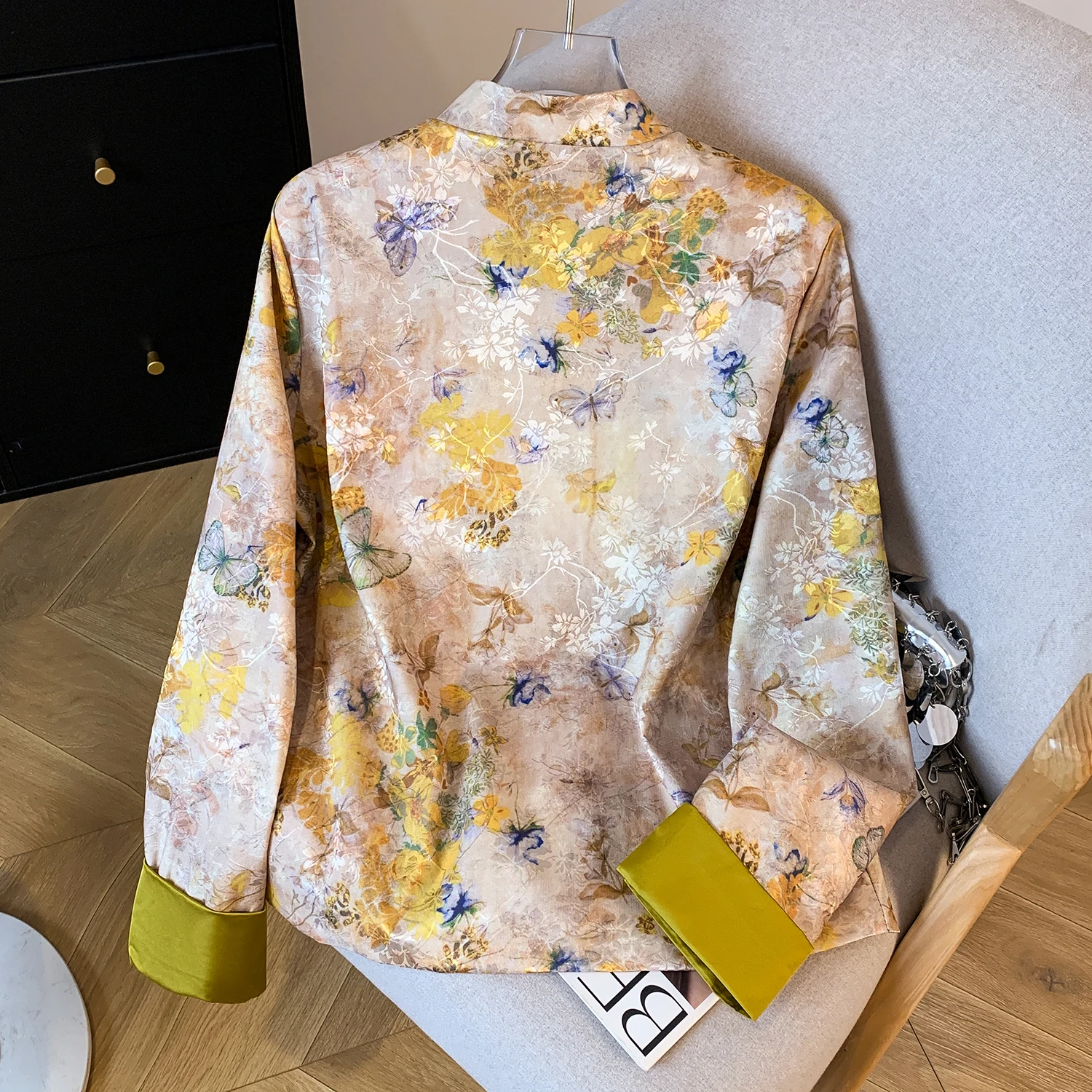 Chinese Style Short Outerwear Printed Integrated Silk Autumn Fashionable Artistic Turn-down Collar Button-up Ladies Jacket