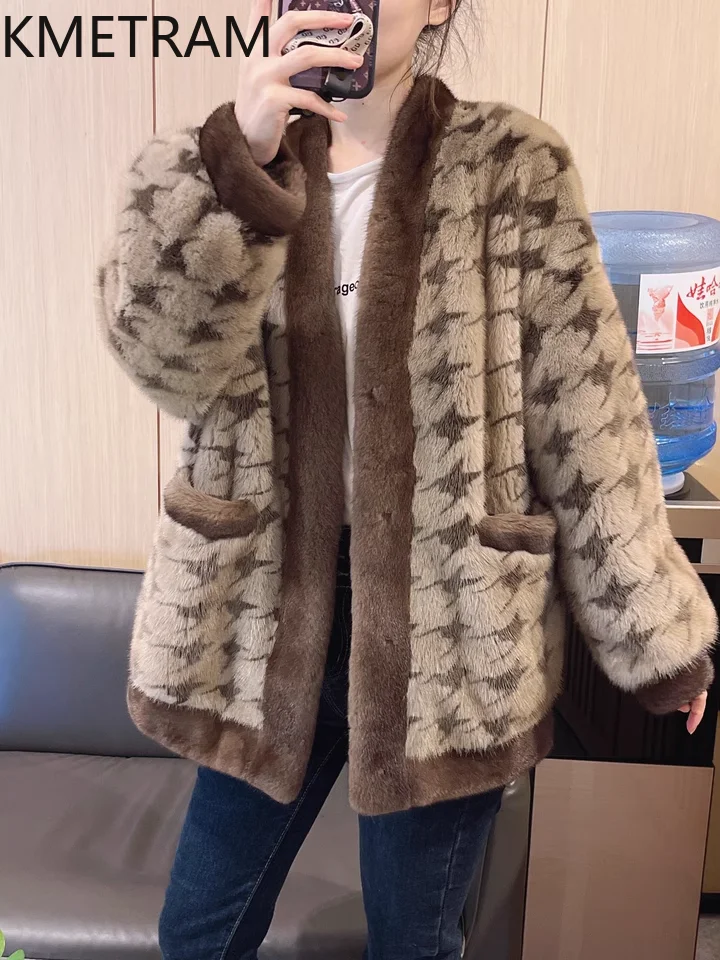 Natural Mink Fur Coat Women Luxury Houndstooth Fur Jacket Winter Warm Outerwears High Quality Womans Clothing шуба женская 2024