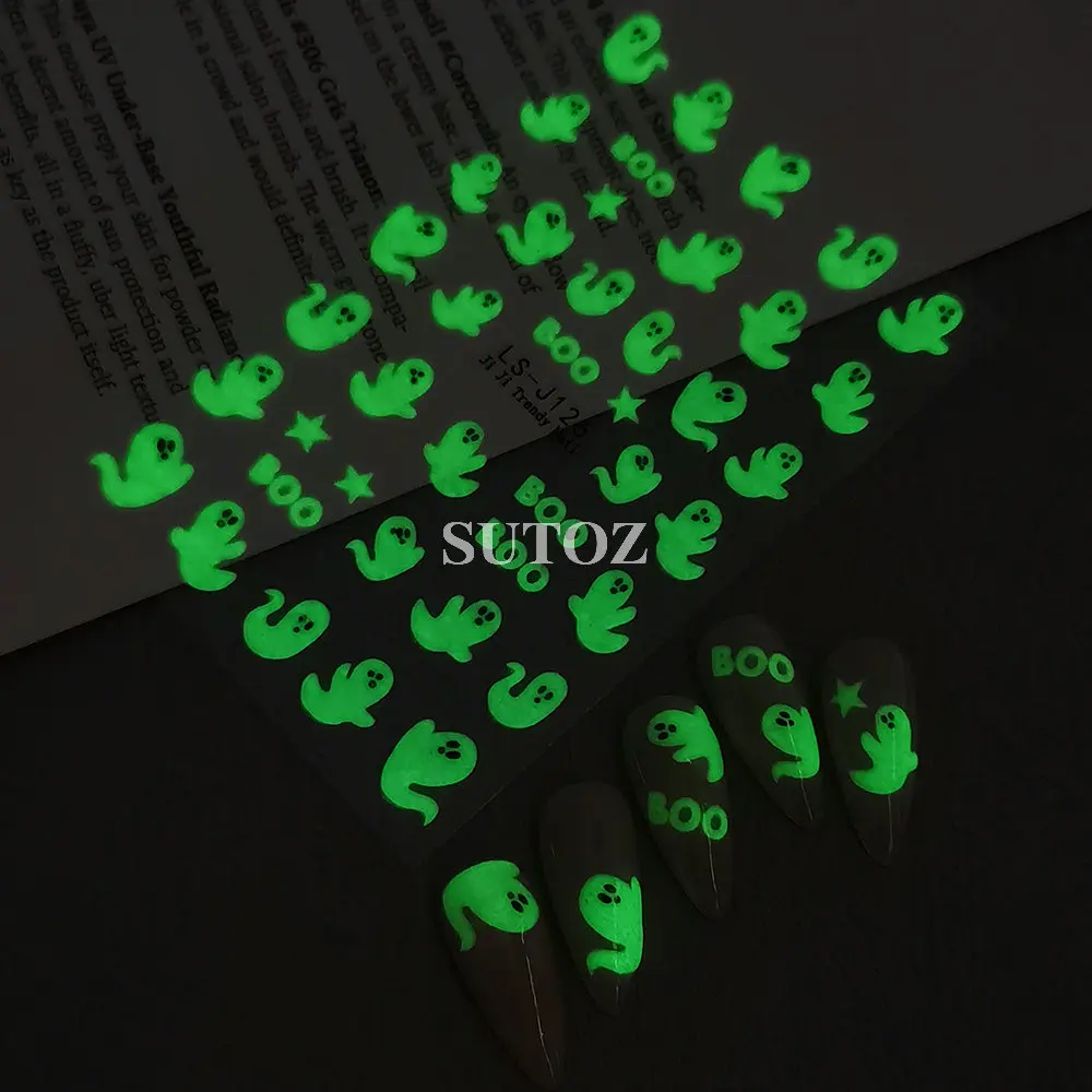 3D Luminous Ghost Nail Sticker Halloween Decoration Glitter Bat Pumpkin Slider Heart Spider Web Charms Manicure Decal LEBLS-J123