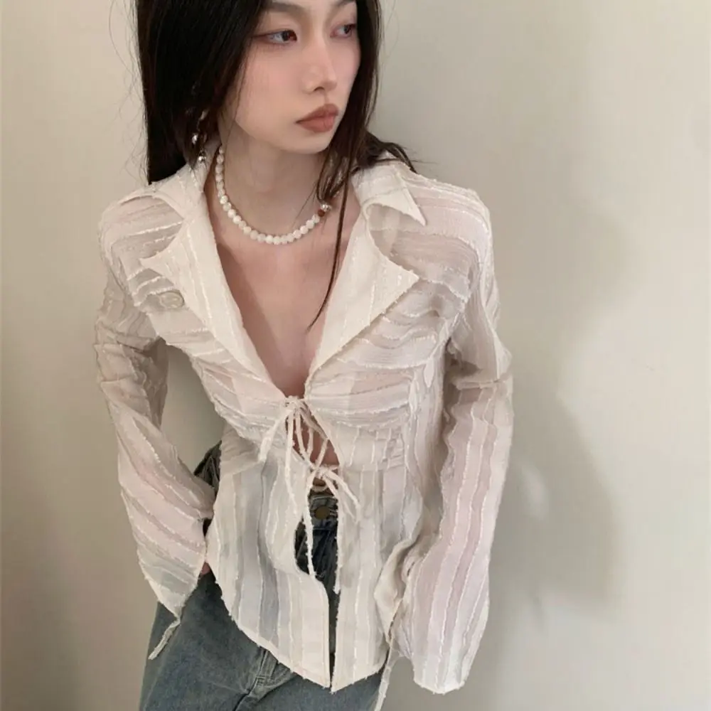 Sweet V-neck Chiffon Sunscreen Shirt Lace-up Loose Beige Shirt Women Irregular Ruffle Long Sleeve Shirt Party