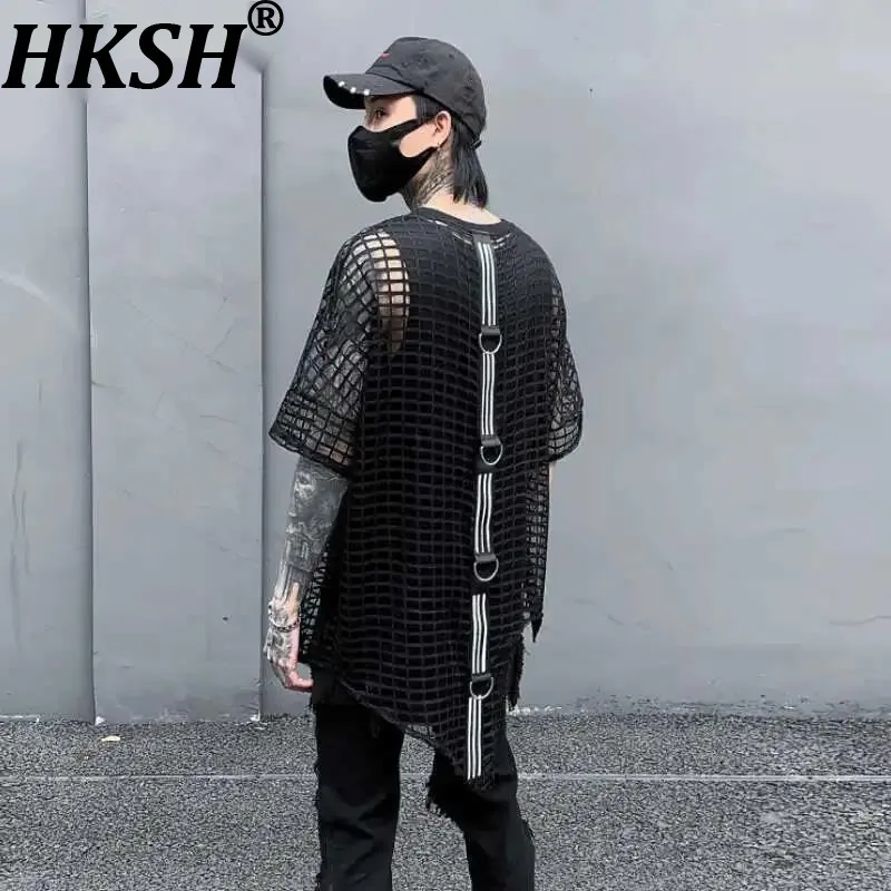 

HKSH Spring Summer New Dark Hollow Out Men's Tide Mesh Tees Short Sleeve Trendy Chic O-Neck Pullover T-shirts Irregular HK0145