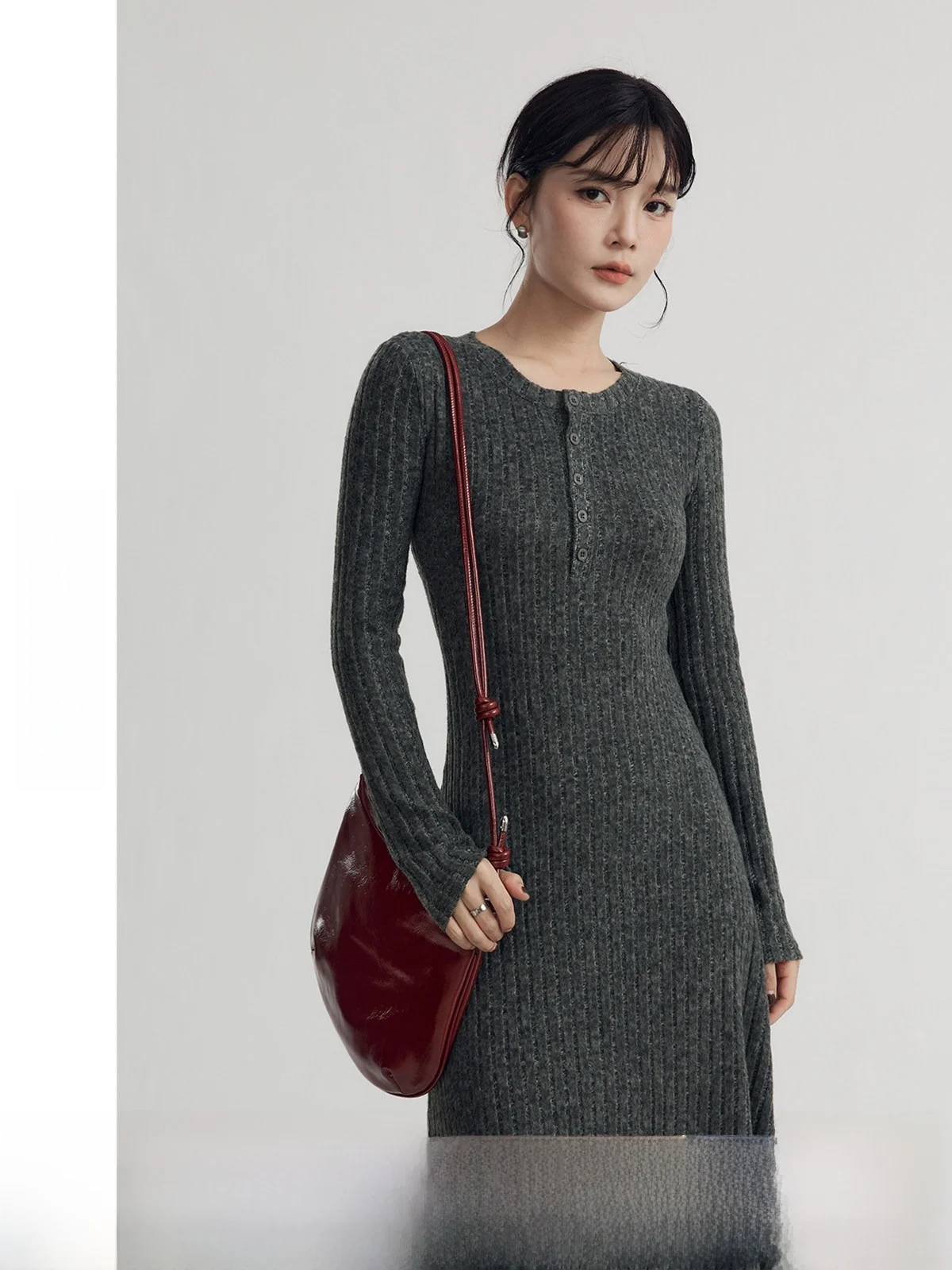

Guier Slim Fit Knitted Dr Women's round Ne Brued Waist Cinching Long Dr Autumn New Sle A-Line Bodycon Gown