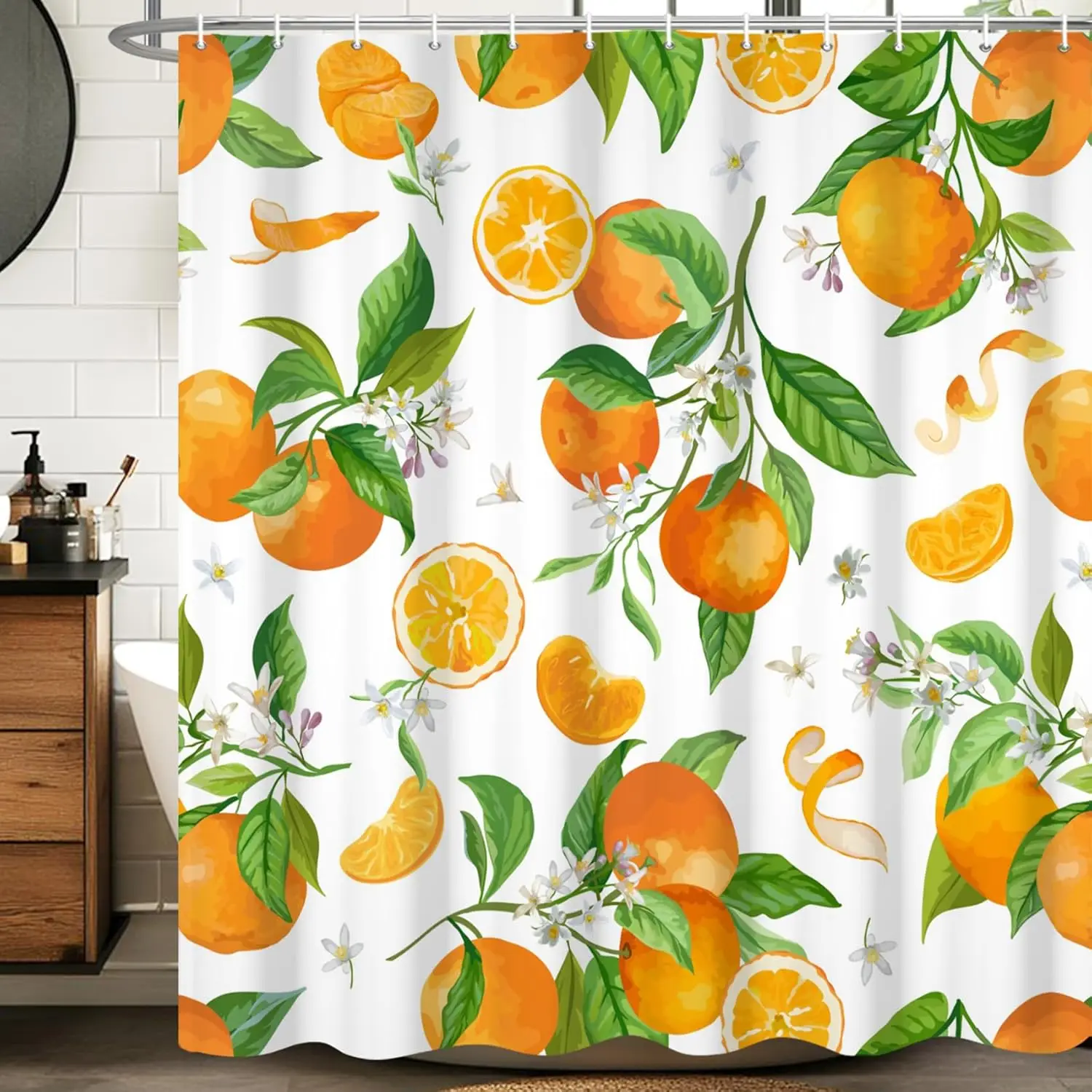 

Orange Citrus Fruits Flowers Shower Curtain Waterproof Fruit Pattern Bathroom Decor Curtain for Fresh Kitchen or Bath