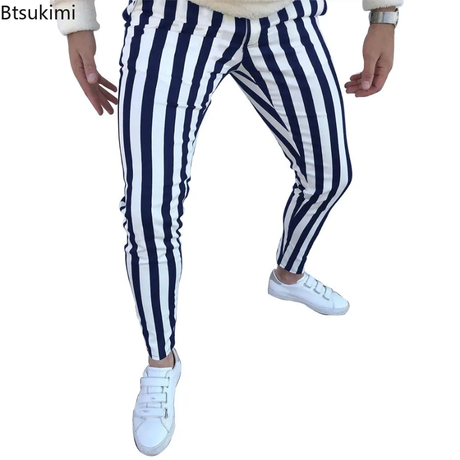 Pantalones pitillo con estampado a rayas para hombre, ropa de calle clásica e informal, ajustada, para negocios, novedad de 2024