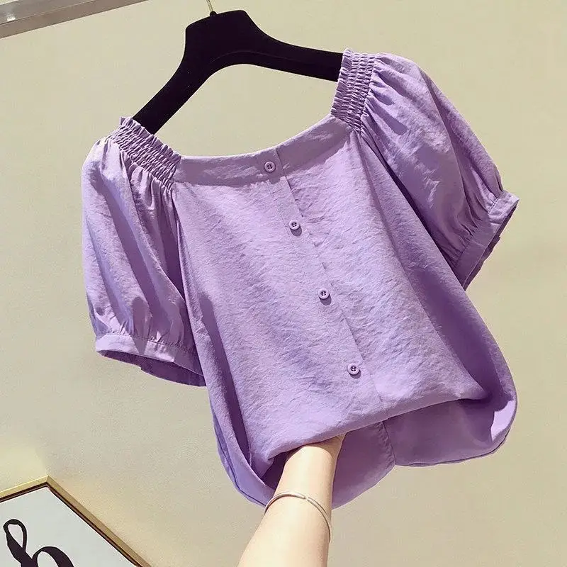 Pullovers New Women\'s Summer Solid Color Slash Neck Button Spliced Elegant Loose Casual Chiffon Shirt with Bubble Sleeves Top