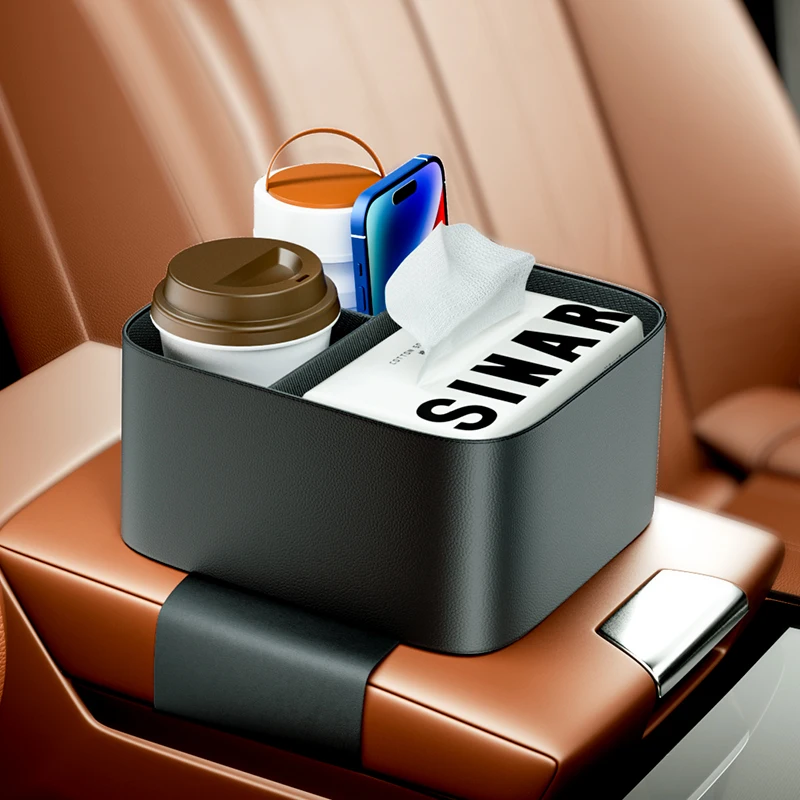 

Car Armrest Storage Box Leather Center Console Arm Rest Tissue Box With Cup Holder Phone Sunglasses Pockets Interior Accessori
