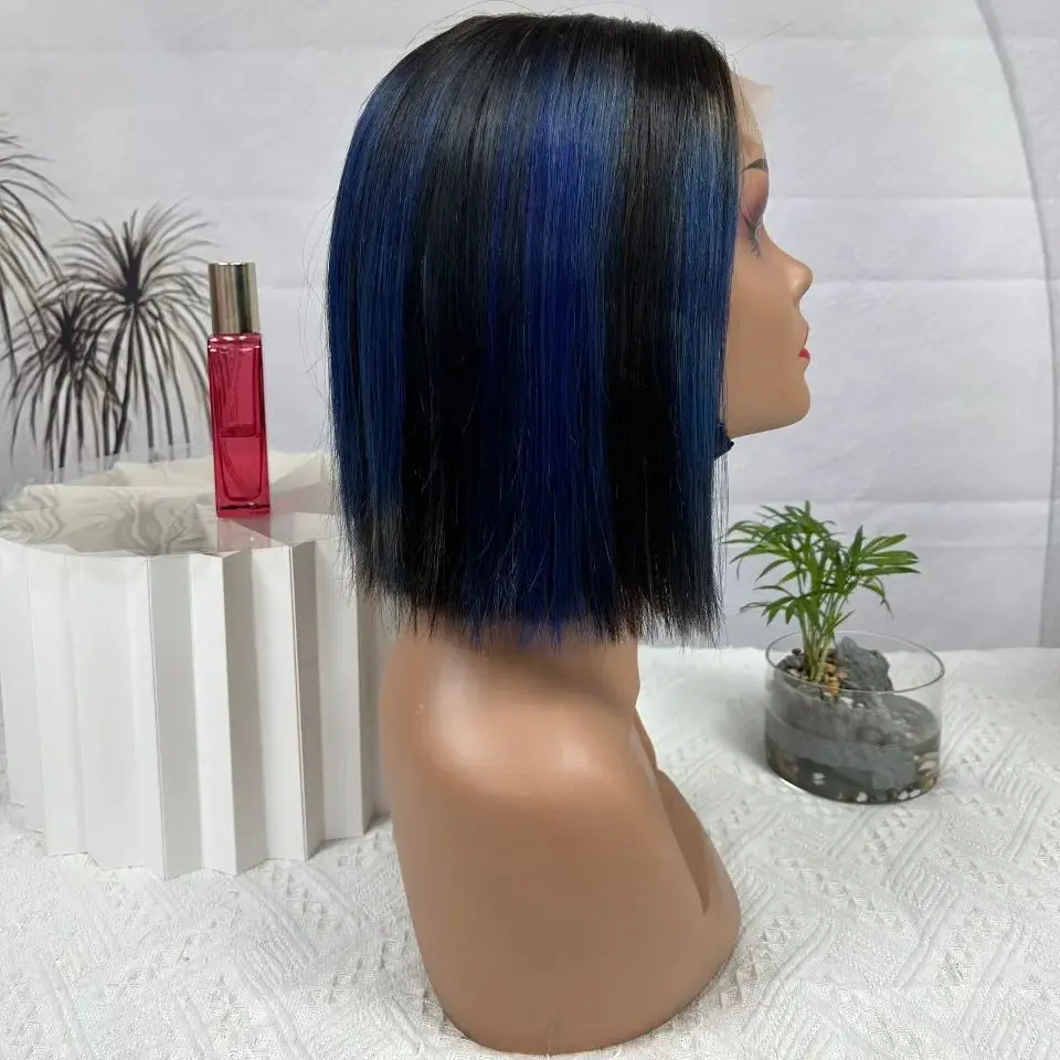 10inch 250% Density Colored Highligh Blue Straight Short Bob Human Hair Lace Closure Wigs 4×4 Lace Front Bob Lace Wig For Women