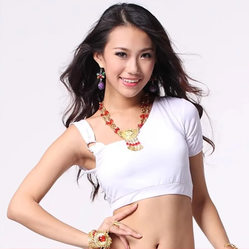 Customized Belly Dance Tops Women's Practice Clothes Performance Costumes Sexy Plus Size Short Sleeved Single Shoulder Rings