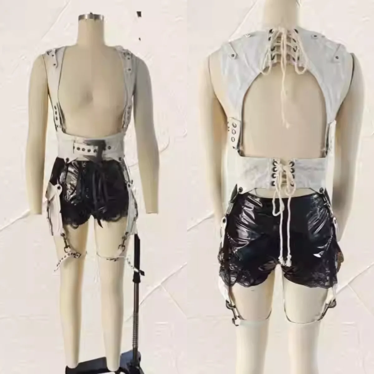 New women's leather strap clip punk style sexy versatile white top+black shorts Set Leather strap clip set Punk