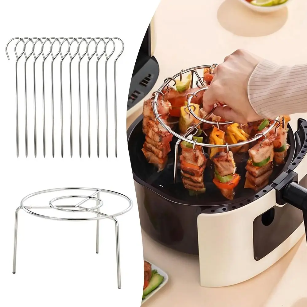 

Durable Stainless Steel Air Fryer Grill Round with Grilled Skewers Hanging Skewers Rack Barbecue Grill for Home Kitchen Outdoor