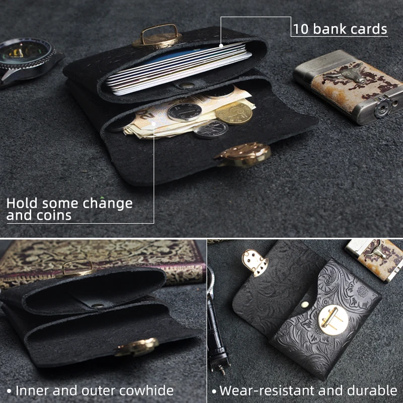 Handmade Leather Women Short Wallet Genuine Leather Double Wallet Small Coin Purse Mini Credit Card Holder Key Storage Bag