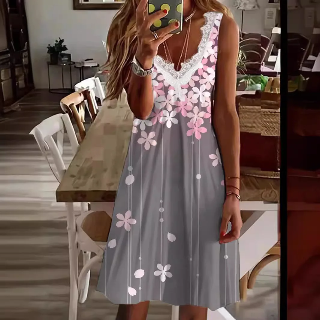 Abito senza maniche stampato alla moda con scollo a V in pizzo alla moda per abito stampato senza maniche casual estivo per le donne
