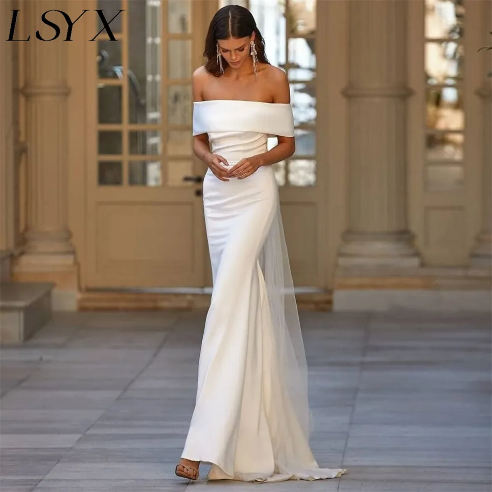 Lsyx personalizado elegante fora do ombro sem costas sereia vestido de casamento para as mulheres simples crepe varredura trem minimalismo vestido de noiva