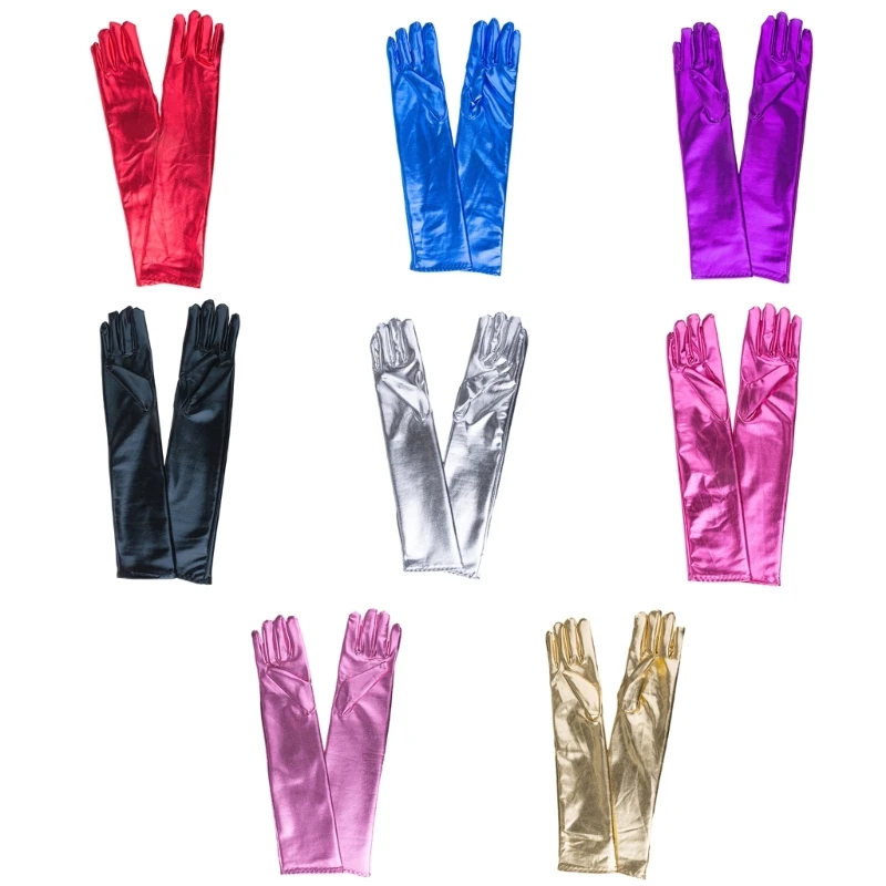 

Women Faux Leather Sexy Finger Gloves Metallic Elbow Length Long Gloves for Evening Party Dance Costume T8NB