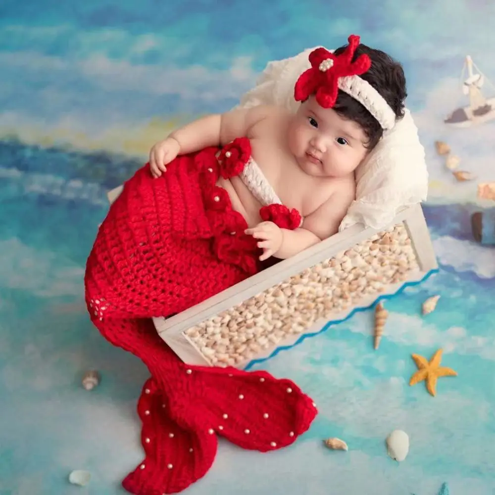 3pcs/Set Creative Baby Mermaid Costume Set Soft Handmade Baby Photo Props Hair Band Washable Infant Knitted Costume