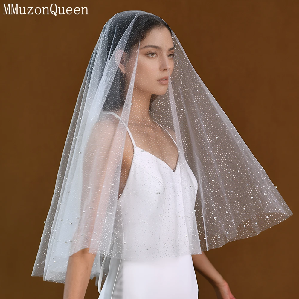 Mmq m95 bling véu de noiva com blush branco pérolas brilhantes véu de casamento frisado acessórios de noiva luxo e moda 2024