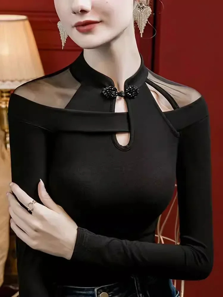 Vintage Irregular Mesh Long Sleeve T-Shirt, Show Collarbone Tops for Fall and Winter, Unique Qipao Base Shirt for Women WJ118