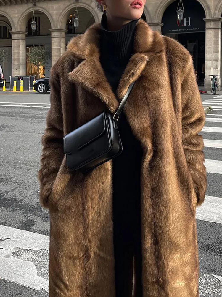 Brown Thicken Faux Fur Overcoat For Women Fashion Oversize Long Sleeve Lapel Long Coat 2024 Winter New Elegant Street Outerwear