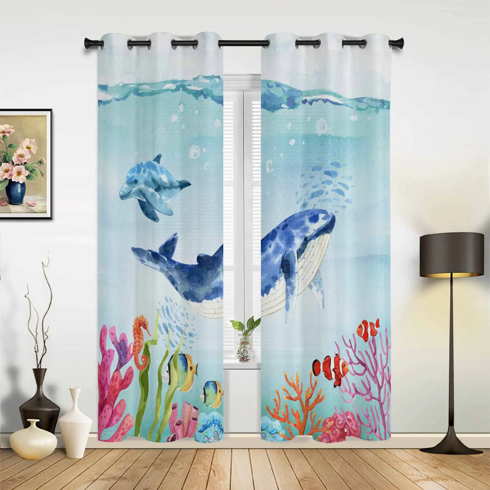 Ocean Seahorses Dolphins Coral Shells Whales Modern Window Curtains for Living Room Bedroom Curtain Home Decor Balcony Drapes