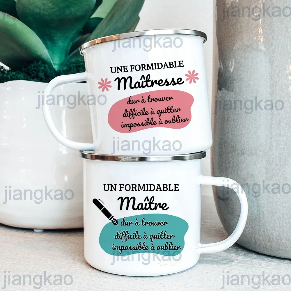 French Print Mug Coffee Cup Drinks Milk Tea Mugs Camping Enamel Cup Handle Drinkware Graduation Thanks Gift for Maitress Maitre