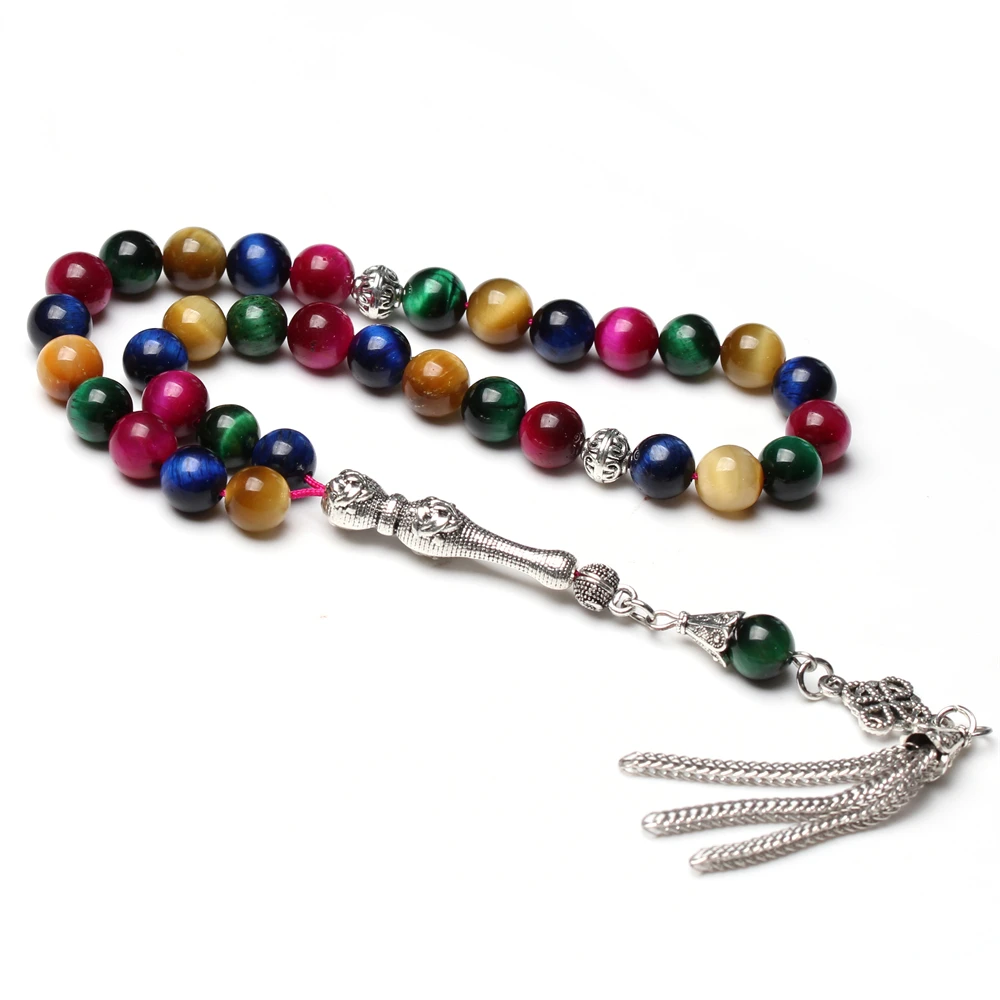 

Natural tiger eye stone Tasbih rosary 33bead Muslim misbaha silver Matel tassel Islam prayer beads bracelet Eid gift tasbeeh
