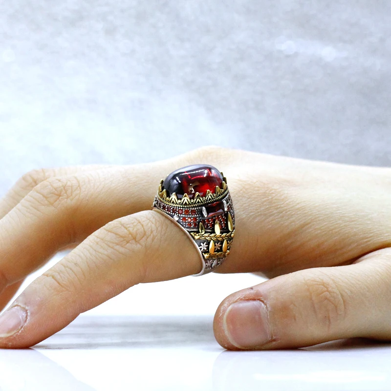 S925 الفاخرة Türkiye الرجال اليدوية خاتم موضة AAA الأحمر الزركون المرأة اليدوية الفاخرة مجوهرات حفلة هدية