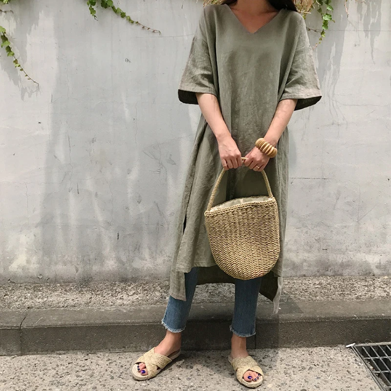 Johnature Casual Solid Color V-neck Long Slits Women T-Shirts 2024 Summer New Korean Short Sleeve All Match Loose Tops