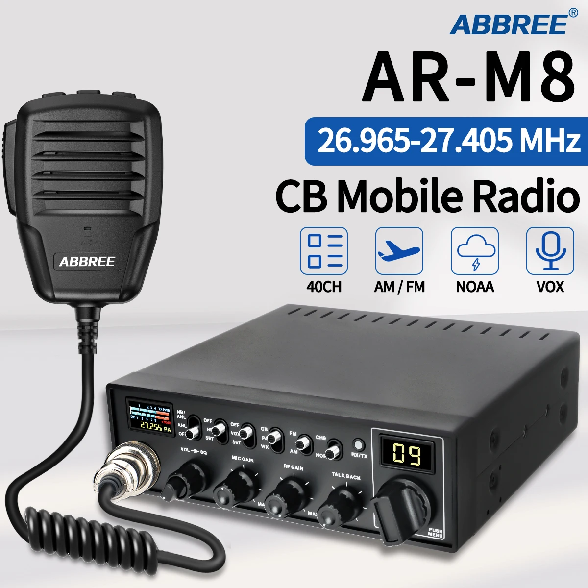 ABBREE AR-M8 27MHz CB Mobile Radio Transceiver 40CH FM AM Long Range Handheld CB Walkie Talkie Amateur Car Radio for Truckers