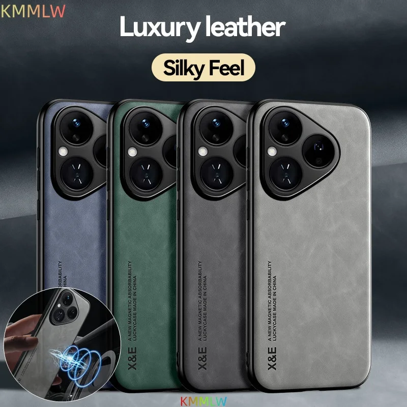 Luxury Leather Case For Huawei Pura 80 70 Pro Ultra P60 Pro Cover With Metal Plate Support Car Hold For Huawei P80 P70 Pro Plus