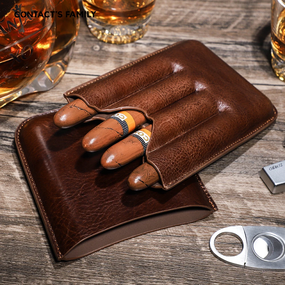 Genuine Cowhide Leather Cigar Travel Case Smoking Accessories Humidor Portable Carrying 4 Tubes Bag for Men Best Gift