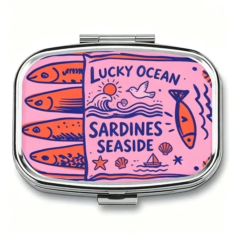 Retro Sardine Print Pill Box 2-Compartment Metal Mini Organizer,Women Travel Jewelry Medicine Candy Storage