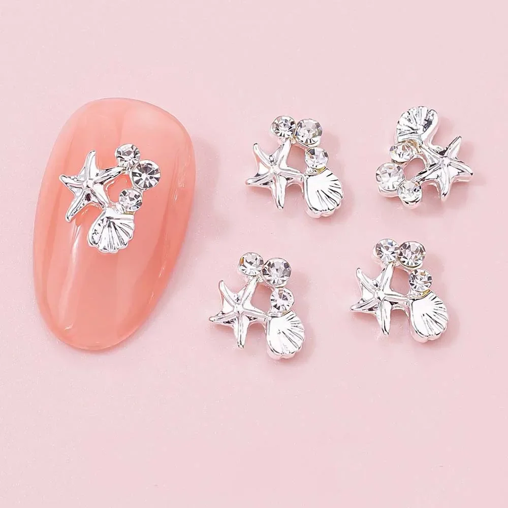 10Pcs Ocean Star Shell Nail Art Charms 3D Alloy Gold Silver Starfish Inlaid Diamond Pearl Nail Decoration Summer DIY Nail Parts