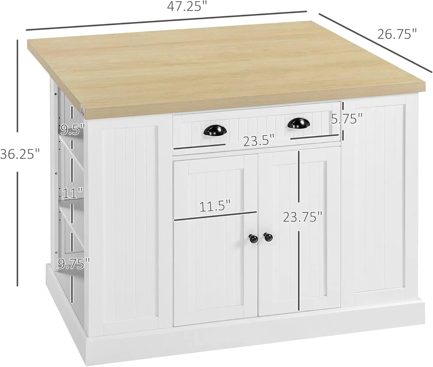 HOMCOM Isla de cocina de madera estilo estriado de 47", gabinete de almacenamiento para encimera de cocina con hoja abatible, cajón, estantes abiertos, almacenamiento,