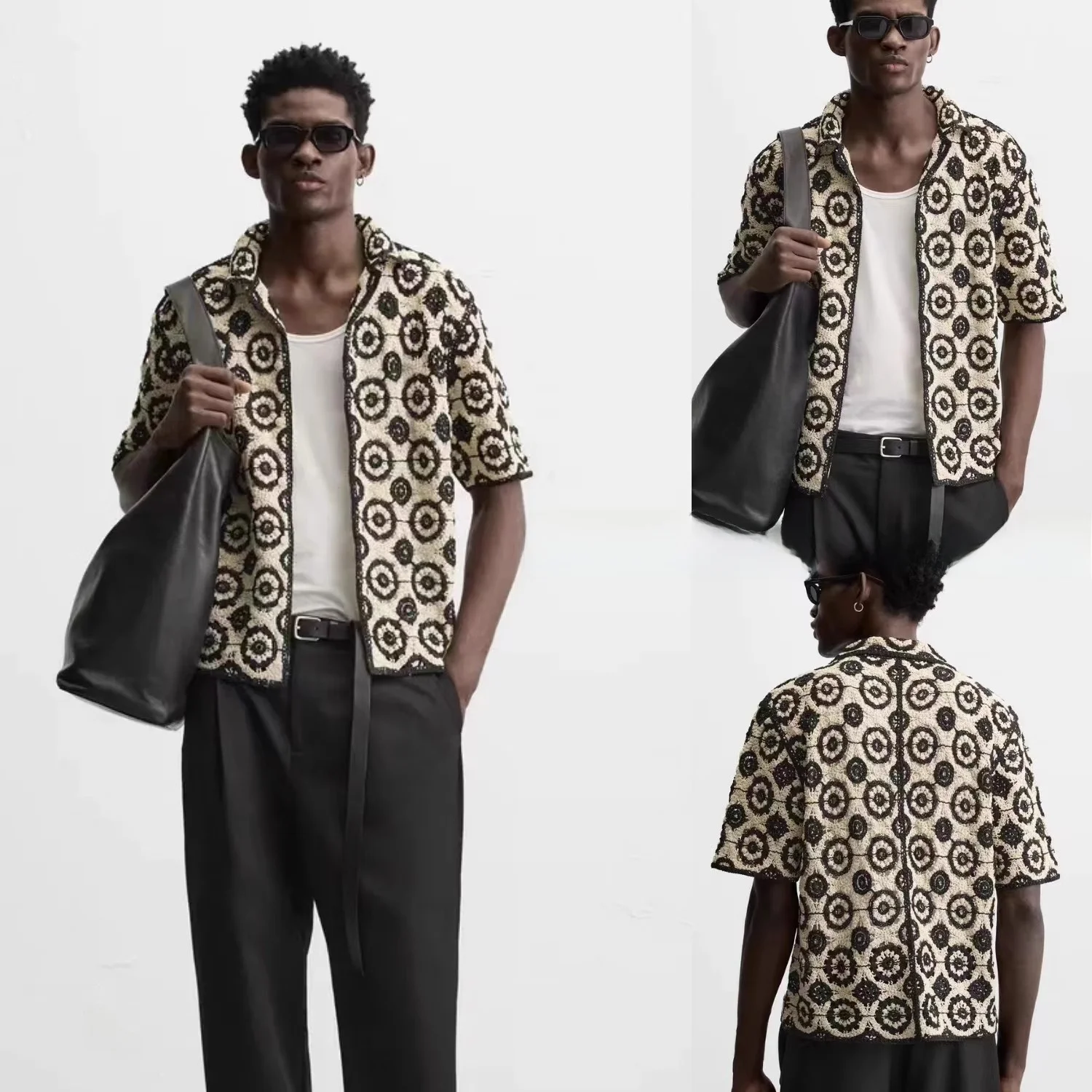 

Мужская летняя рубашка с коротким рукавом, свободного кроя, с ажурной текстурой, дышащая, повседневная, с отложным воротником, стандартной длины, новинка лета.