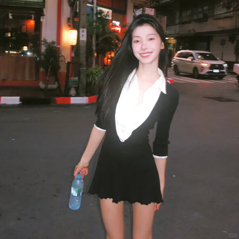 ملابس نسائية لخريف وشتاء 2024 عصرية بنمط جديد على الموضة الفرنسية بألوان متباينة وطية صدر السترة على شكل حرف a #4