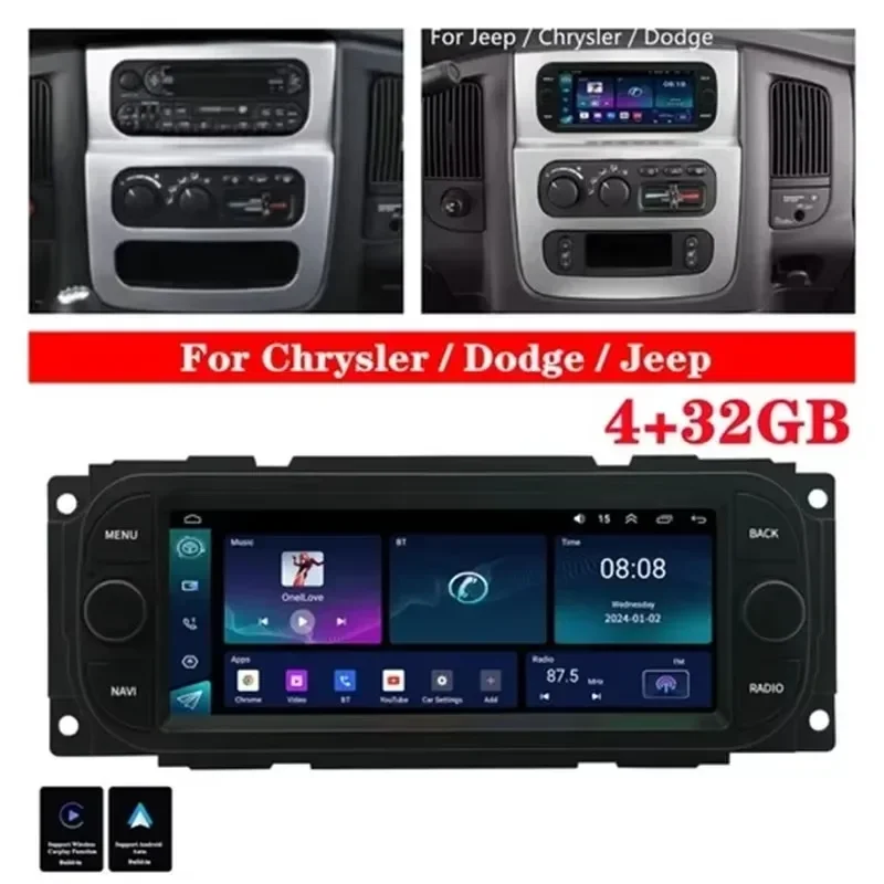 Radio stereo per auto da 7 pollici Car-play Mirror Link Navigazione GPS Android 13 compatibile per Caravan Viper Grand Voyager 2000 - 2010