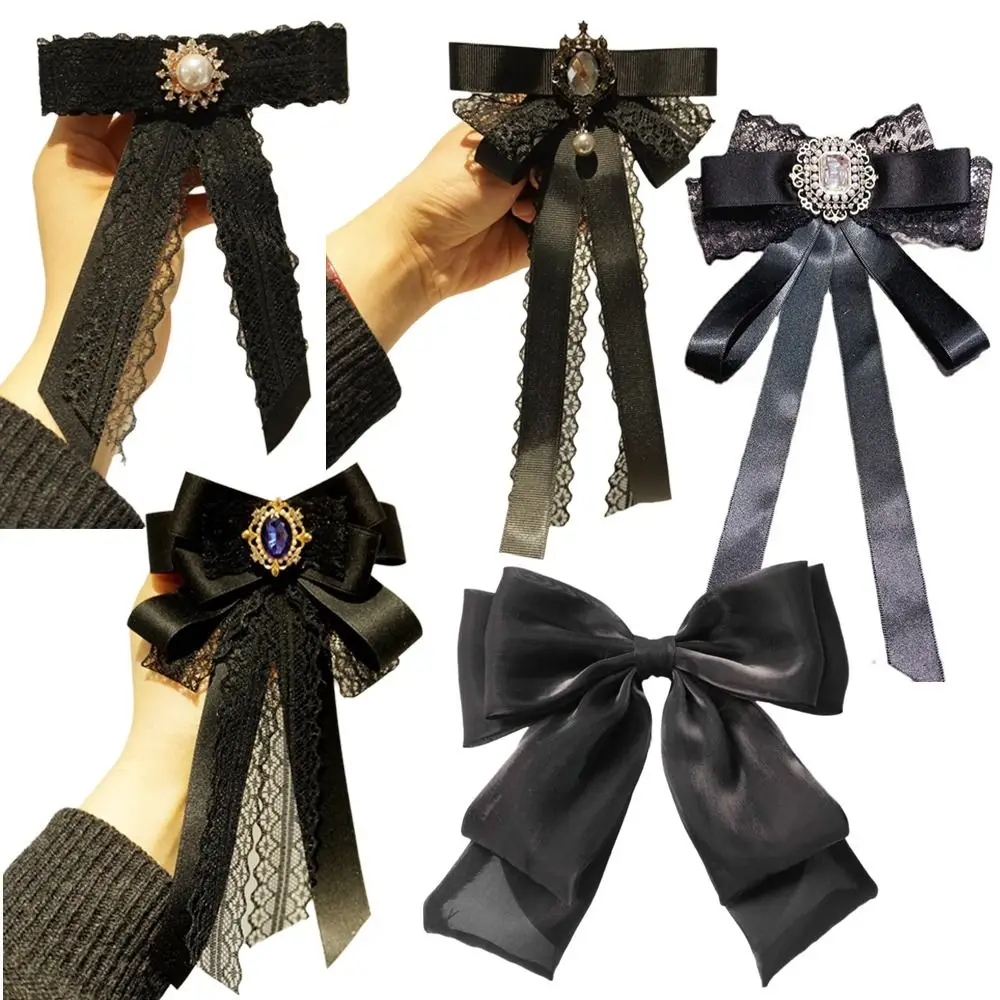 블랙 메모리얼 블랙 리본 보우노트 브로치 폴리에스터 빈티지 크리스탈 라인스톤 주얼리 보타이 넥라인 장식 핀