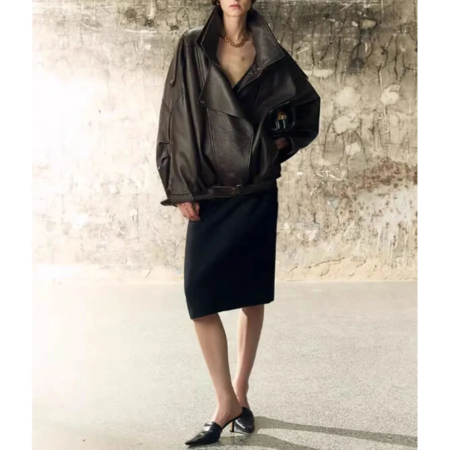 Automne femmes américain rétro bulle motif PU cuir col Long Sve fermeture éclair Sle ort Jaet manteau Faion vêtements d'extérieur