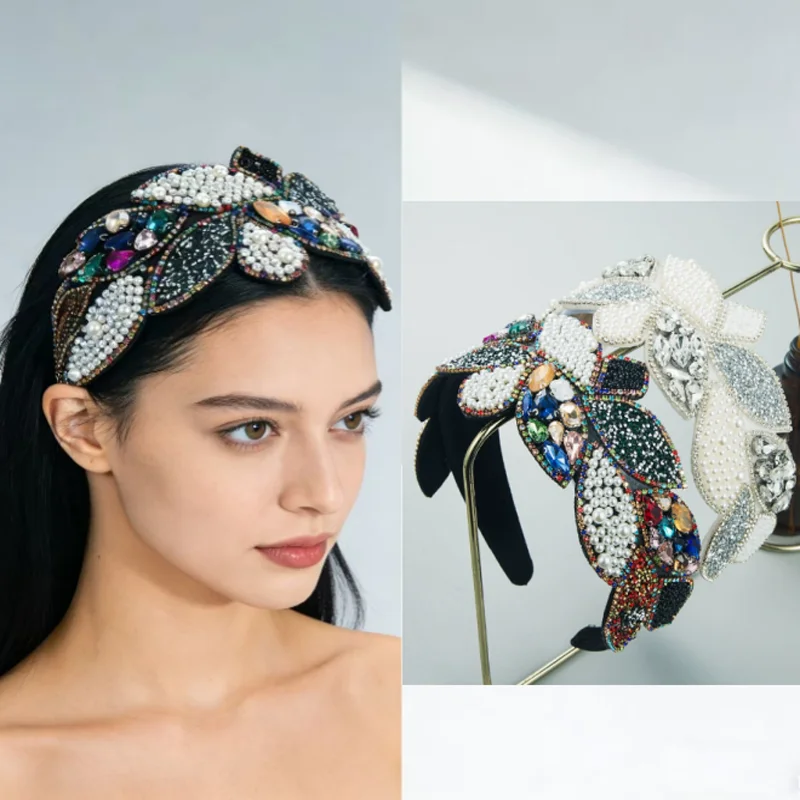 

Модная широкая повязка для волос в стиле барокко с жемчугом, стразами и листьями, изысканный аксессуар для волос для женщин