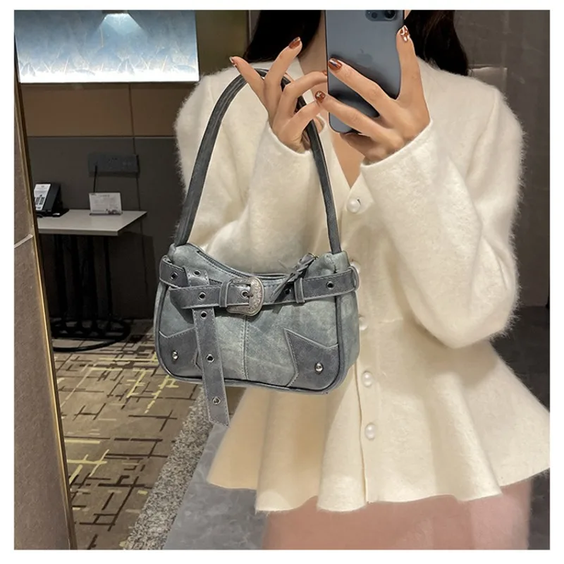 Commuter Vintage Handbags for Girls 2024 High Quality Original Design Shoulder Bags Fashion Belt Decoration Women's Underarm Bag