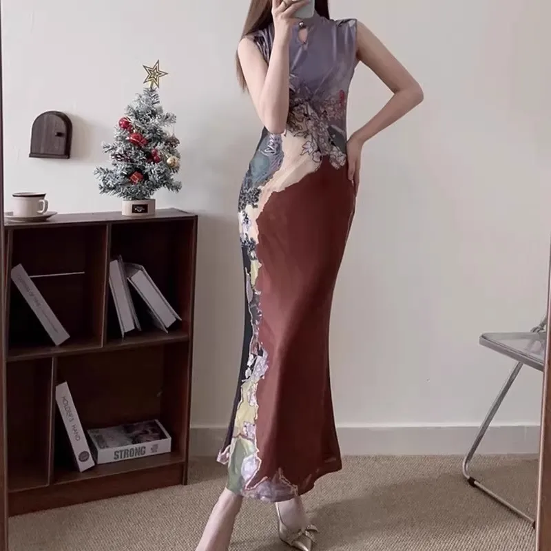 New Chinese Style Cheongsam  For Women Contrast Color  Design Printed Fishtail Hem Elegant Qipao Elastic Vest Slim  Maxi Dress