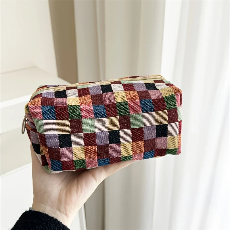 Coarse-Woven Colorful Plaid Makeup Bag, Essential Travel Skincare Storage Bag for Women, Sanitary Napkin Box, Nail Polish Storage Box, Zippered Makeup Wallet
