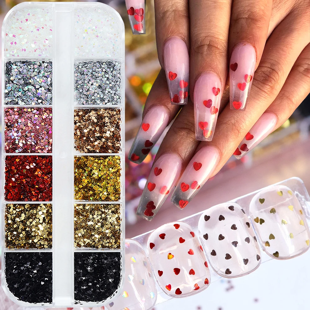 12 شبكة الليزر الأحمر القلب مسمار DIY الترتر الذهب والفضة المجسم الحب عيد الحب مسمار رقائق السحر Y2K ستار مانيكير ديكور #4