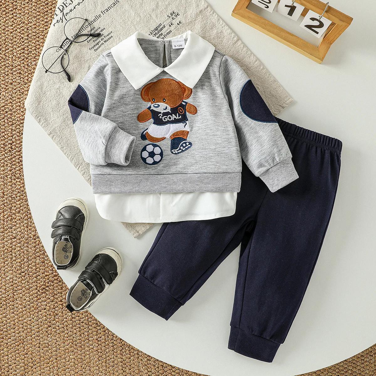 

New 2025 Baby Boys 2Pcs Kids Casual Cute Cartoon Bear Lapel Long Sleeve Sweatshirt &Solid Pants Sets Autumn Clothing For 1-3Y