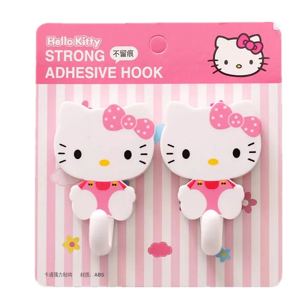 2Pcs Sanrio Hello Kitty Strong Self Adhesive Hooks Key Storage Hanger for Kitchen Bathroom Door Wall Multi-Function