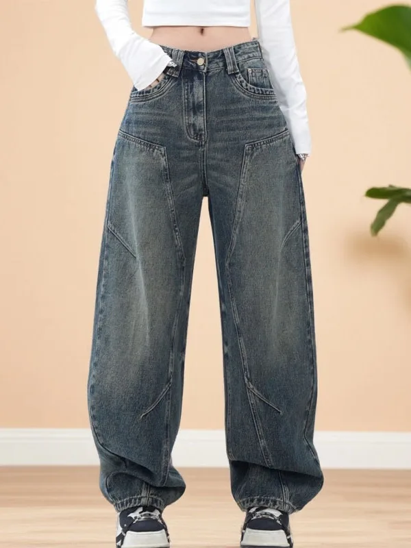 

Autumn Winter Wide Leg Blue Jeans Women's Design Loose Slimming Drapey Pants High Waist Zipper Closure Daily Wear Denim