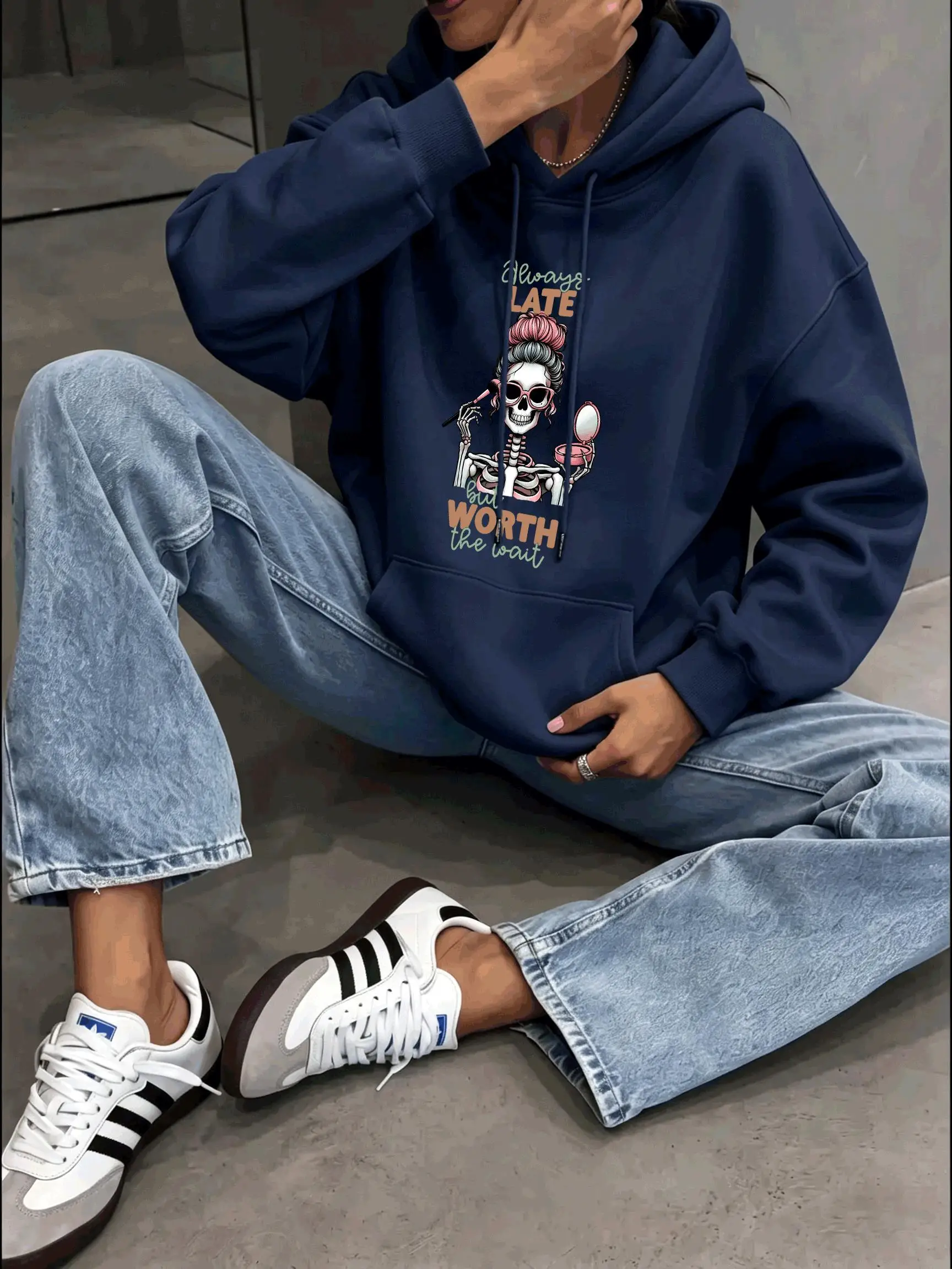 Always Late But Worth Make-Up Skulls Printing Women'S Hoody Pocket Y2K Autumn Hoodies Korean Loose Pullover Fleece Streetwear