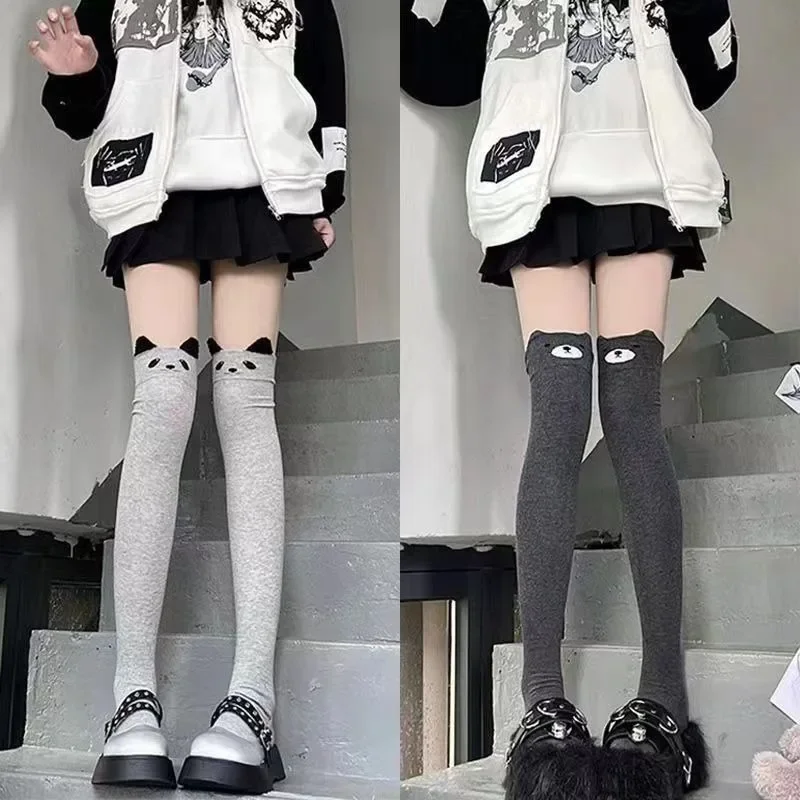 Cartoon Cat Stockings for Ladies Girls Cute Black Panda Head Printed Knee Socks Women Casual Thigh Cotton High Over Knee Socks