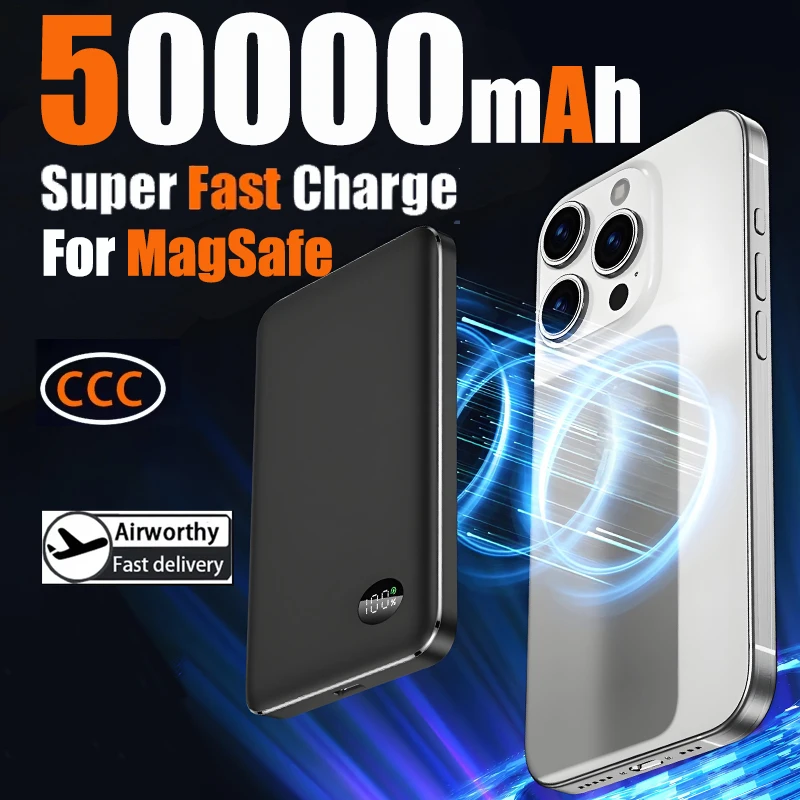 Для Xiaomi 50000 мАч Магнитный внешний аккумулятор Беспроводное быстрое зарядное устройство 15 Вт Для Magsafe Портативный вспомогательный аккумулятор для Huawei iPhone Для Xiaomi 50000 мАч Магнитный внешний аккумулятор Беспроводное быстрое зарядное устройство 15 Вт Для Magsafe Портативный вспомогательный аккумулятор для Huawei iPhone